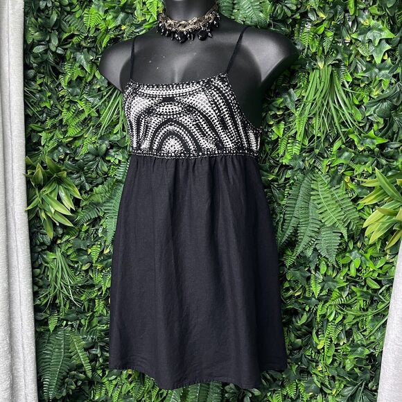 ZARA Dress Women Large Black Beige Mini Linen Blend Crotchet Boho 2227 - Picture 1 of 7